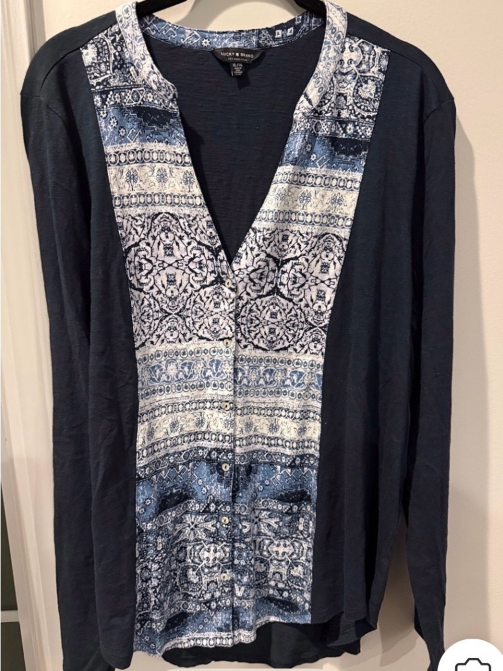 Lucky Brand Navy & White Boho Print Henley Knit Top Sz XL